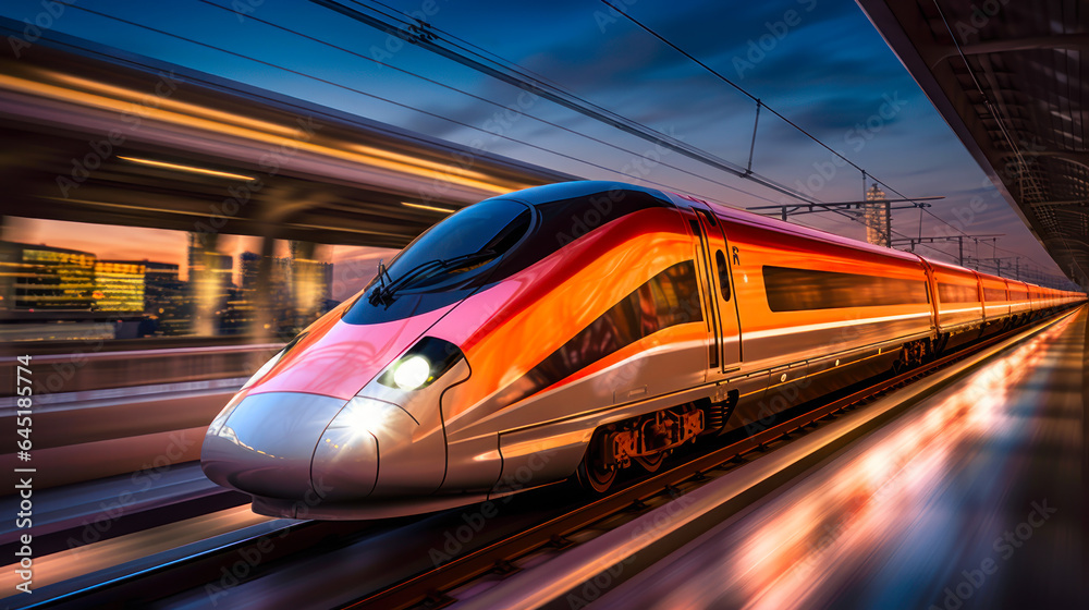 High speed train with motion blur in the city. 