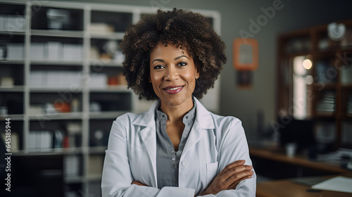 portrait of a smiling afro American woman, empowering presence of a smiling middle-aged Afro American woman doctor in her office, arms crossed  photo