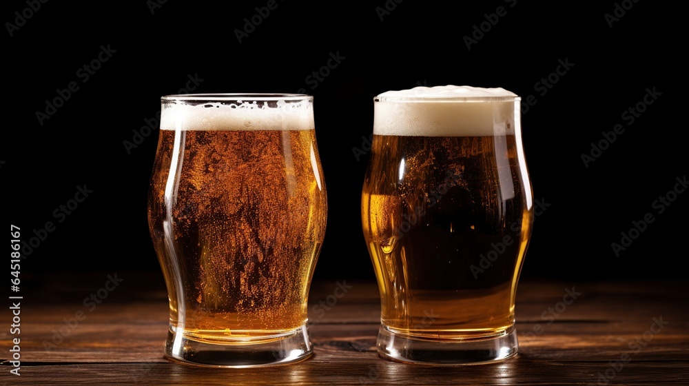 glasses of beer on a wooden table and blurred background,Beer Mug With Wheat And Hops In Cellar With Barrel glasses of beer on a wooden table and blurred background,Beer Mug With Wheat And Hops In Cellar With Barrel