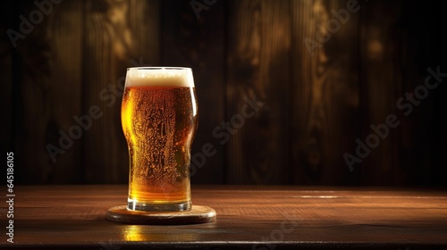 glasses of beer on a wooden table and blurred background,Beer Mug With Wheat And Hops In Cellar With Barrel