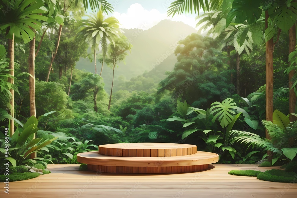 Product presentation with a wooden podium set amidst a lush tropical forest, enhanced by a vibrant green background.