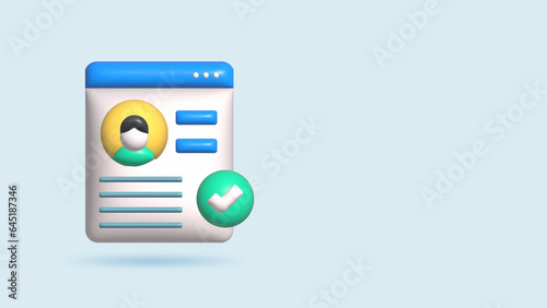 3D Realistic Illustration Approved, Verified, Confirmed Check Mark Profile Papers Icon Isolated.