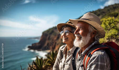 A senior couple hiking