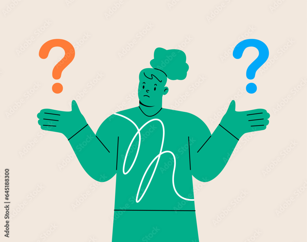 Puzzled woman doubting, deciding, setting priorities. Make choice, decision concept. Colorful vector illustration Puzzled woman doubting, deciding, setting priorities. Make choice, decision concept. Colorful vector illustration