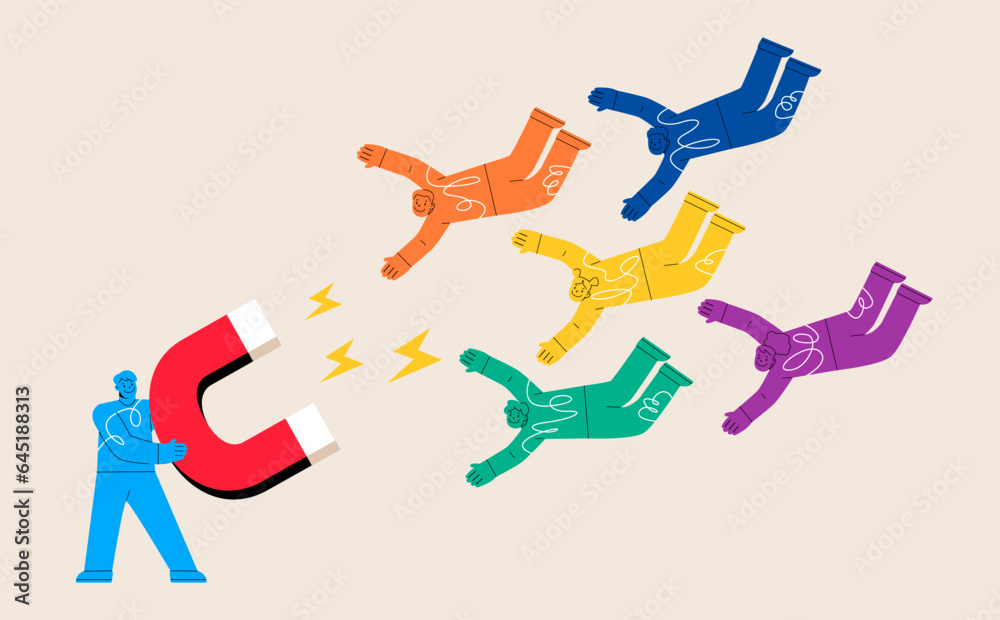 Attracting users and customers. Man with big magnet getting new clients and users. Colorful vector illustration Attracting users and customers. Man with big magnet getting new clients and users. Colorful vector illustration