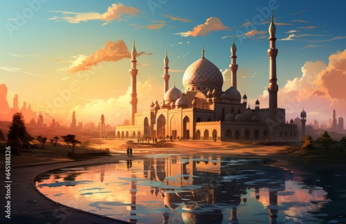 Illustration of a mosque in the desert with a lake and a beautiful view