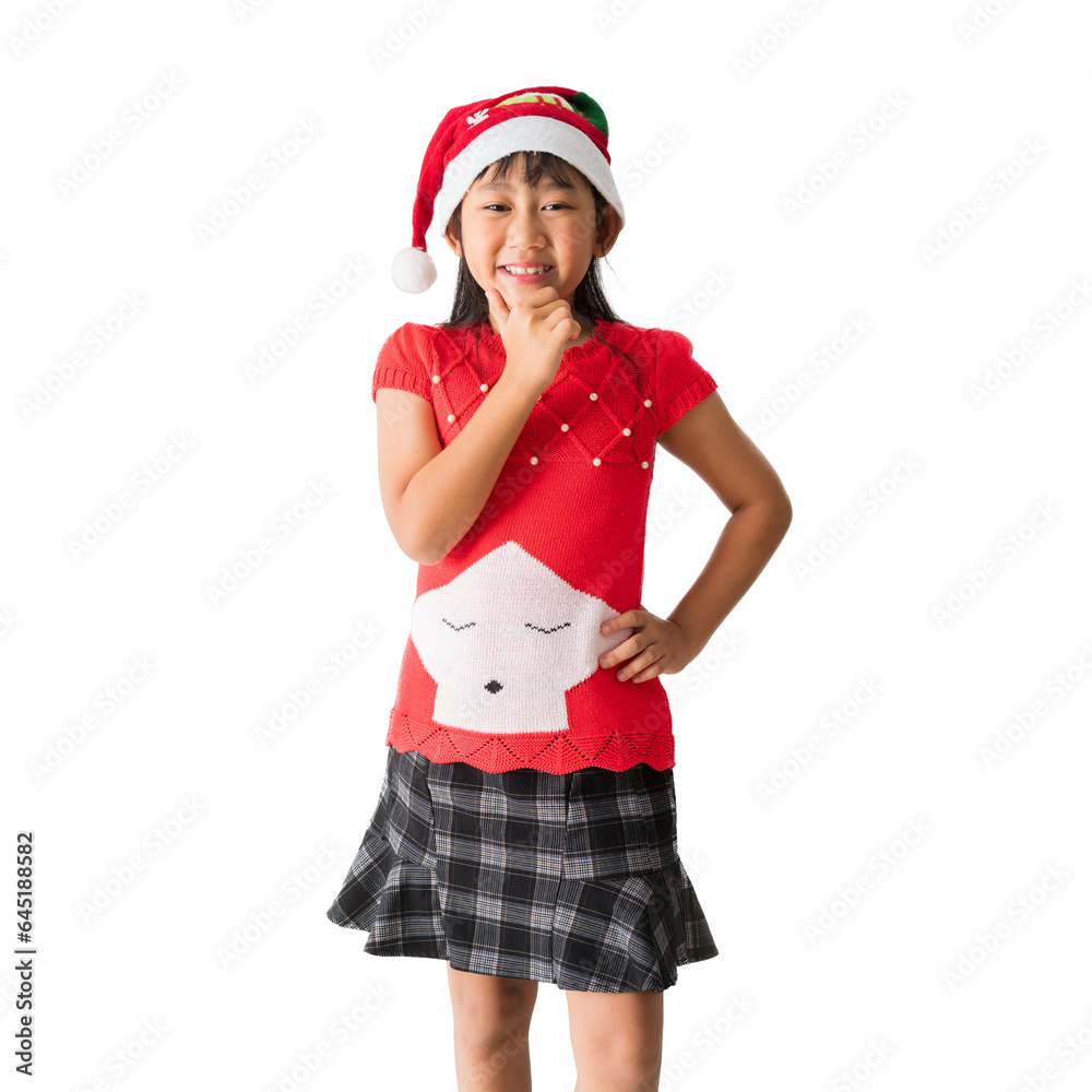Happy smiling asian child girl in Santa Claus hat with wearing a red Christmas costume, Standing posing, isolated on white and transparent background Happy smiling asian child girl in Santa Claus hat with wearing a red Christmas costume, Standing posing, isolated on white and transparent background