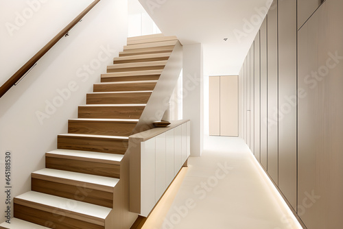 Luxury contemporary wooden stairs and custom cabinets under them for storage. Stylish pastel gentle calming beige and light brown