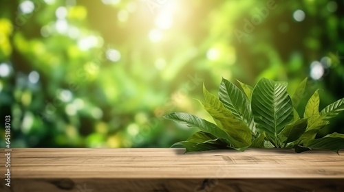 Table background and spring time, Empty wood table top and blurred green tree in the park garden background, Empty wooden table with defocused green lush foliage at background