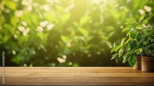 Table background and spring time, Empty wood table top and blurred green tree in the park garden background, Empty wooden table with defocused green lush foliage at background © Morng