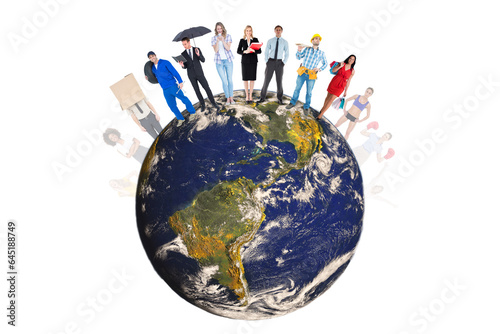 Digital png illustration of globe with group of diverse people on transparent background