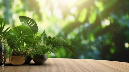 Table background and spring time, Empty wood table top and blurred green tree in the park garden background, Empty wooden table with defocused green lush foliage at background