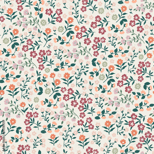 Cute floral pattern of orange, red, purple and green flowers with green stems and leaves. Seamless vector texture. An elegant template for fashionable prints. Light background.