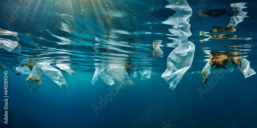 Environment. Problem of pollution of rivers, lakes, seas and oceans,,,,,,, Plastic pollution in ocean. Plastic bags, straws and bottles pollute sea. Underwater trash photo images 