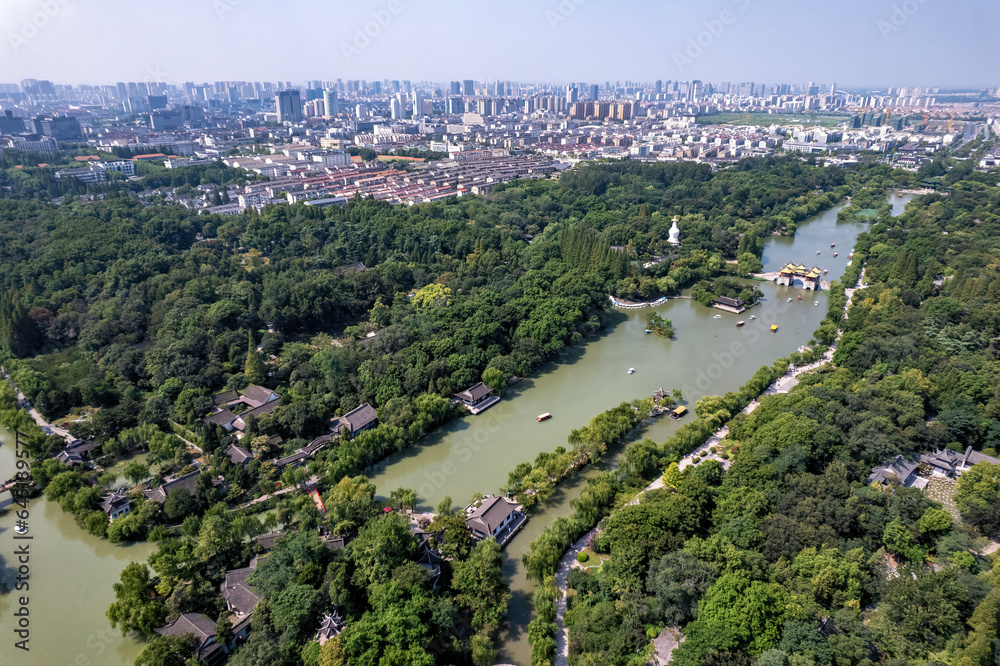 Fototapeta premium Aerial photography of Slender West Lake Park scenery in Yangzhou, China