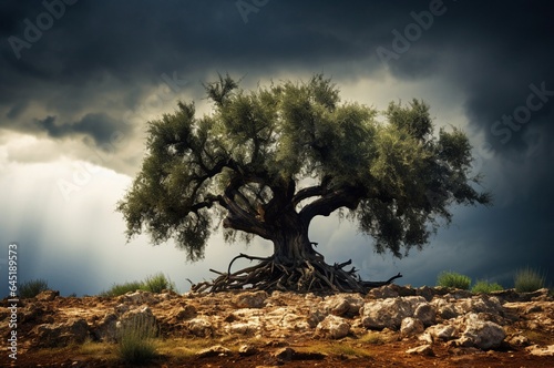 Árbol olivo centenario aislado en un día de tormenta