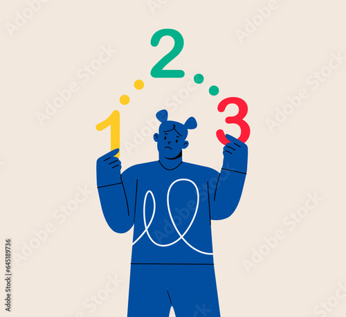 Obsessive compulsive disorder symptoms with girl fear, has intrusive thoughts and counting. OCD concept. Colorful vector illustration