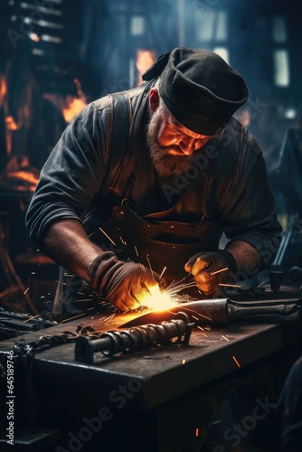Blacksmith welding a piece of metal. Generative AI © piai
