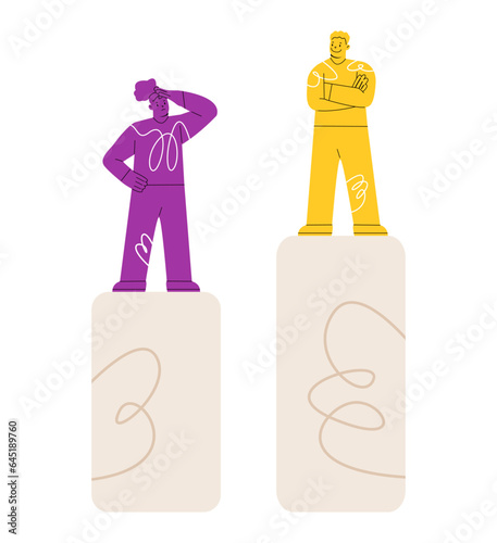 Gender inequality concept. Bias and sexism in workplace or social communication. Colorful vector illustration