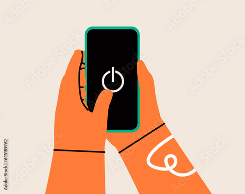 Digital Detox Concept. People hand using smartphone to switch off or shut down online and social connection. Colorful vector illustration