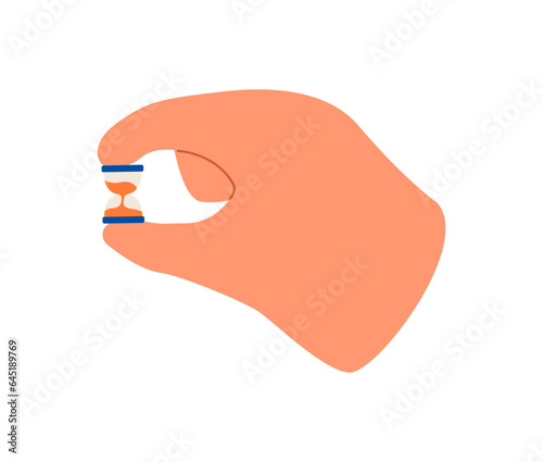 Giant hands holding tiny sand clock. Time management concept. Flat color vector illustration on white background.