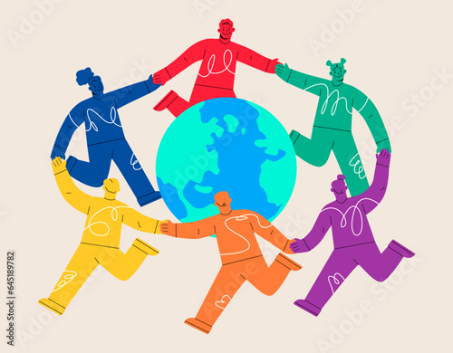 Group of different young women and man dancing around the Earth globe, holding hands. Environmentally friendly ecology concept. Colorful vector illustration