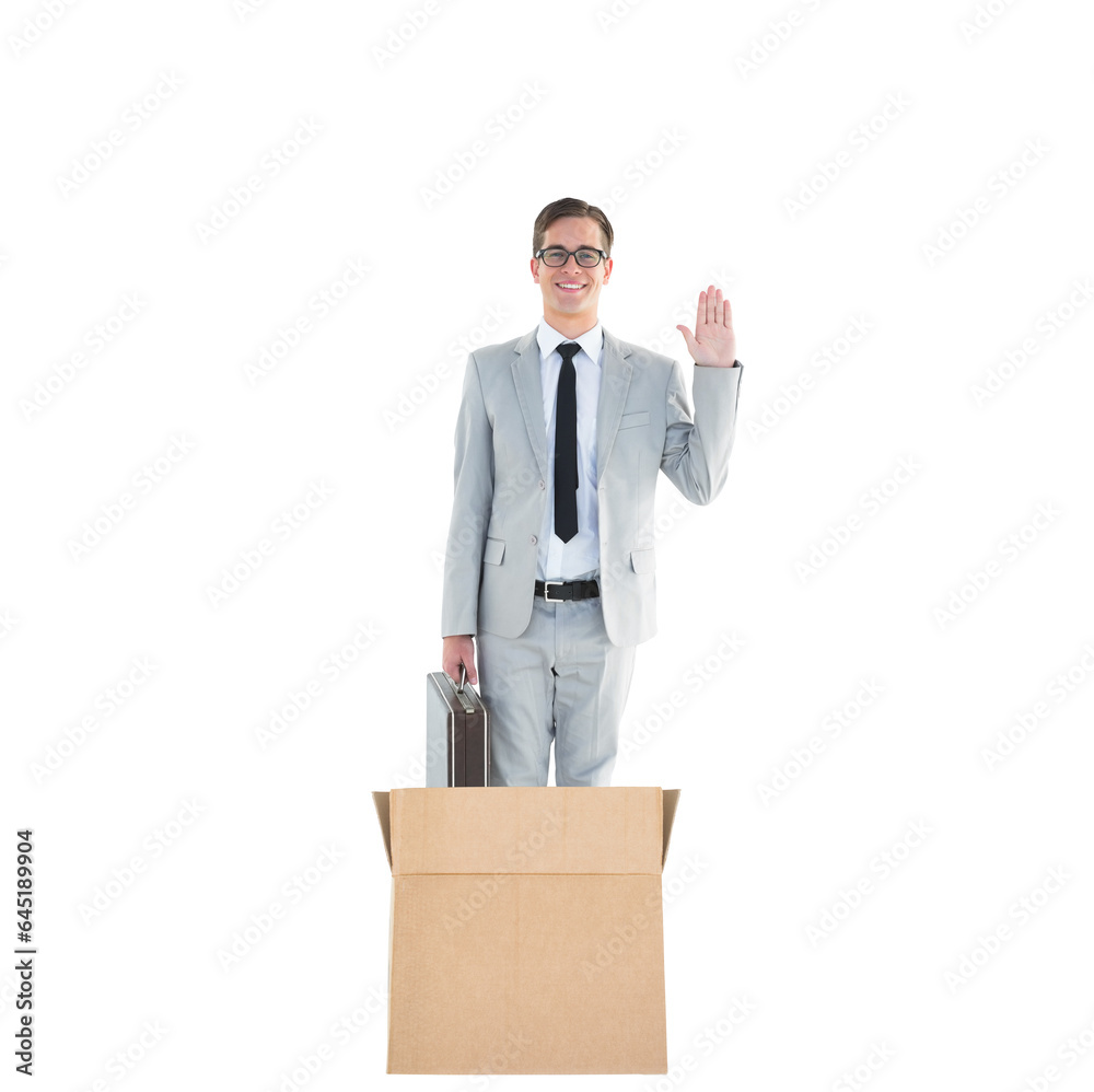 Digital png photo of happy caucasian businessman in box waving on transparent background Digital png photo of happy caucasian businessman in box waving on transparent background