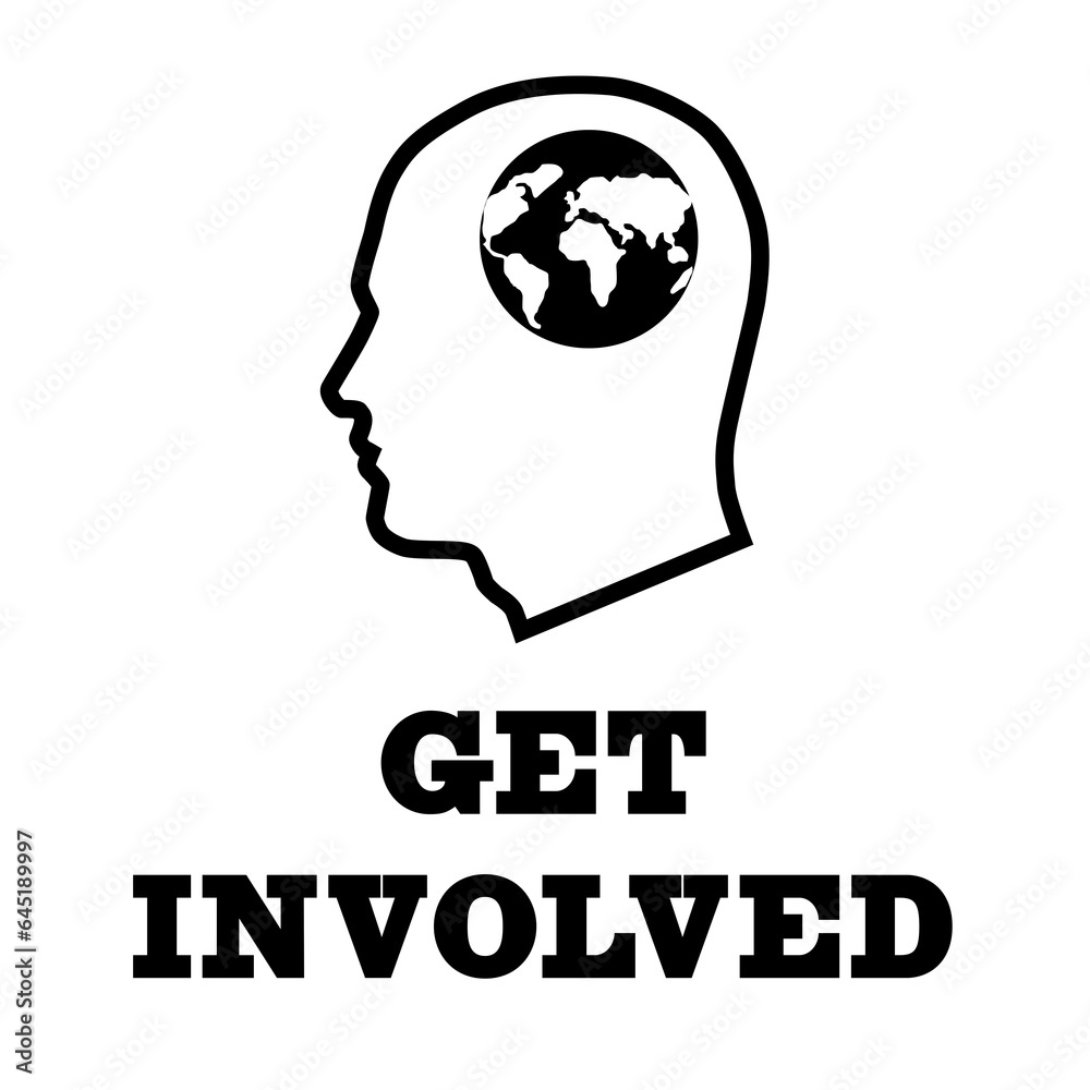 Digital png illustration of get involved text and head with globe icon on transparent background Digital png illustration of get involved text and head with globe icon on transparent background