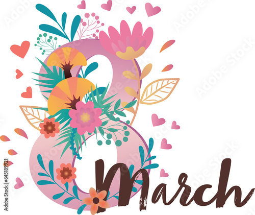 Digital png illustration of 8 march text with flowers on transparent background