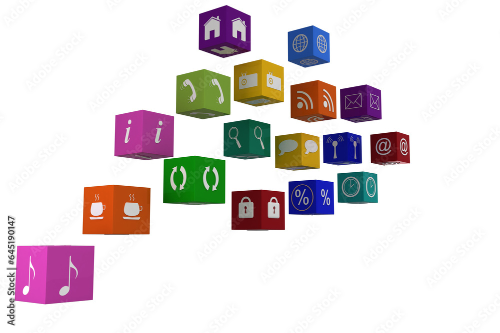 Digital png illustration of digital icons on colourful cubes on transparent background Digital png illustration of digital icons on colourful cubes on transparent background
