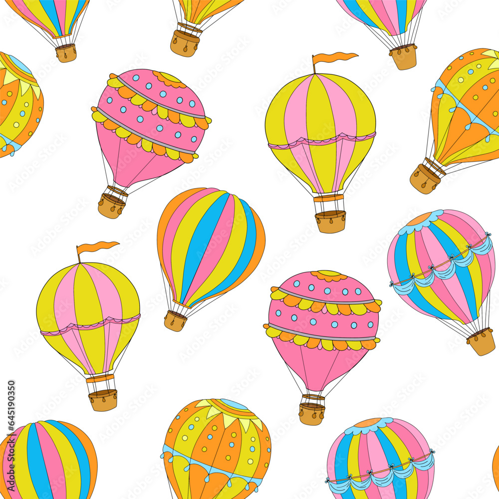 Naklejka premium Seamless pattern with Hot Air Balloon on white. Vector colorful endless background
