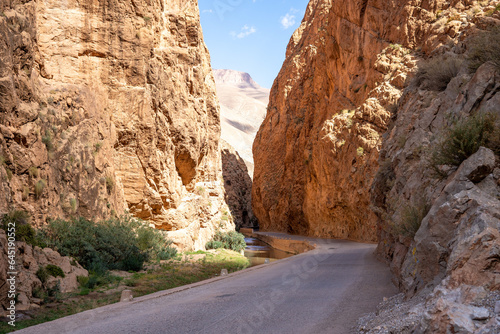 Narrow road through the Dades Gorge Valley Canyon, Atlas Mountains in Morocco