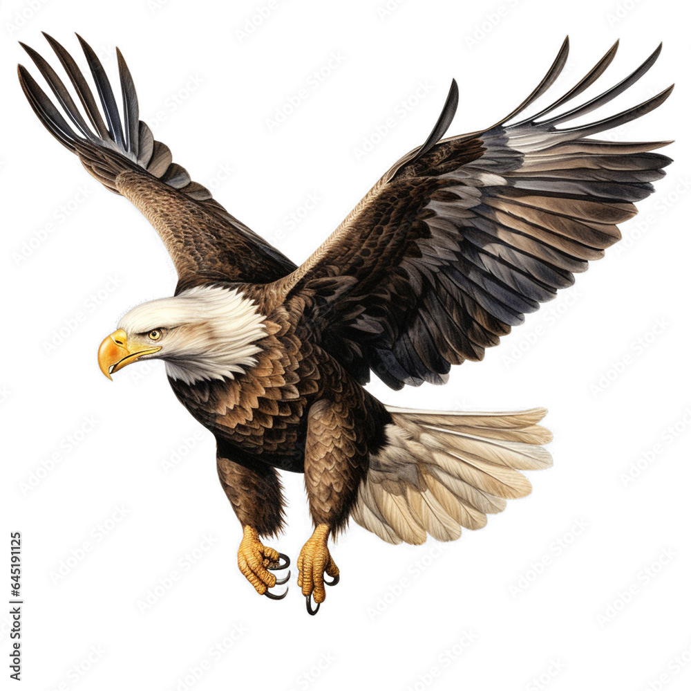 Fototapeta premium Eagle in flight, shadowless, super detailed, sharp, whole image, highest resolution, realistic on a white background.