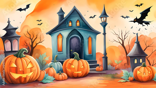 Halloween background illustration with scary house,pumpkins and bats.