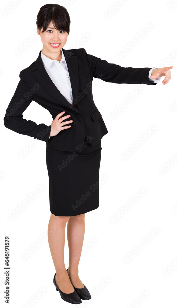 Digital png photo of smiling asian businesswoman pointing on transparent background Digital png photo of smiling asian businesswoman pointing on transparent background
