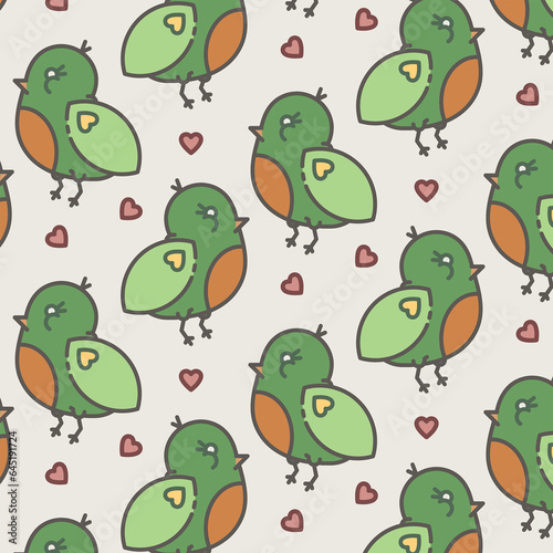Digital png illustration of green birds and hearts repeated on transparent background