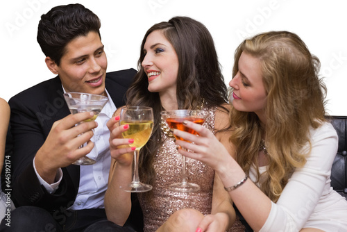 Digital png photo of diverse male and female friends with drinks talking on transparent background