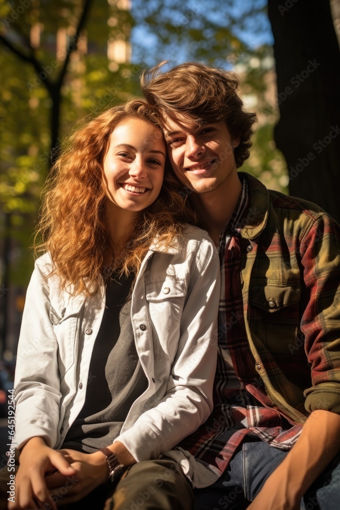 Fototapeta premium Portrait of a happy romantic teenagers couple outdoors in a New York city park in a sunny day. Generative AI