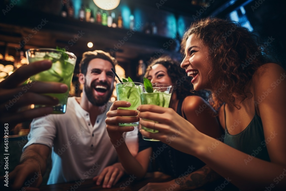 Group of friends having fun and drinking cocktails at bar counter in pub