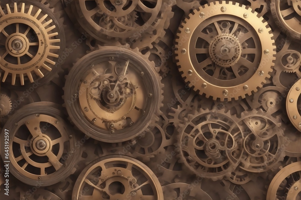 A steampunk-inspired wallpaper filled with intricate gears, cogs, and Victorian-era machinery.Created with generative AI A steampunk-inspired wallpaper filled with intricate gears, cogs, and Victorian-era machinery.Created with generative AI