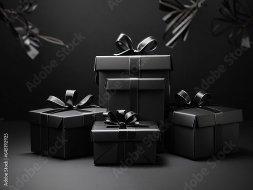 Arranged Gifts boxes wrapped in black paper with black ribbon on black background. Christmas concept Wrapped Gift Boxes with black paper flowers and decorations and square gift tag,Mockup High angle 