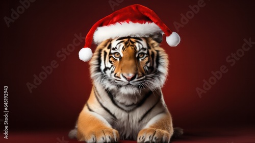 a photograph of tiger wearing santa clause costume and hat for christmas celebration generative ai © Leaf