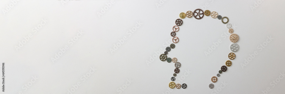 Obraz premium Many different gears shaped as human head on white background.