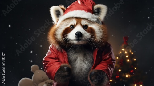 a photograph of red panda wearing santa clause costume and hat for christmas celebration generative ai © Leaf