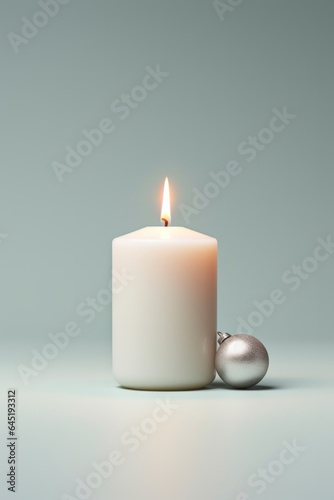 A minimalist setting featuring a white candle with a festive ornament beside it, capturing the essence of Christmas
