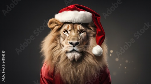 a photograph of lion king wearing santa clause costume and hat for christmas celebration generative ai © Leaf