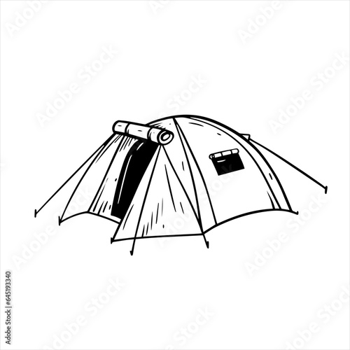 Tent sign camping logo. Black and white color sketch art vector illustration.