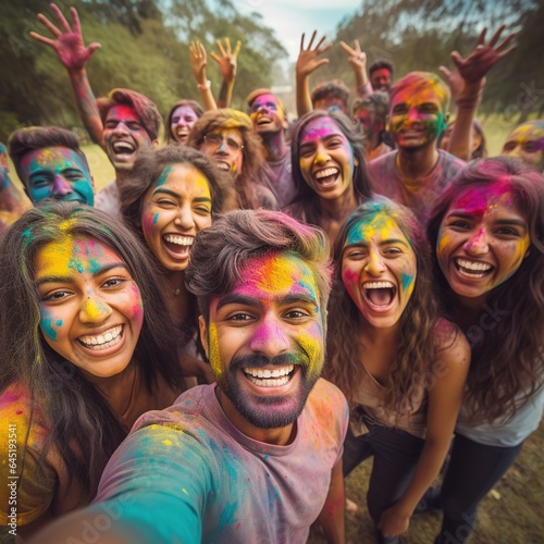 Happy Holi Text with People dancing, playing with Colors, Indian city skyline and celebrating Holi festival.