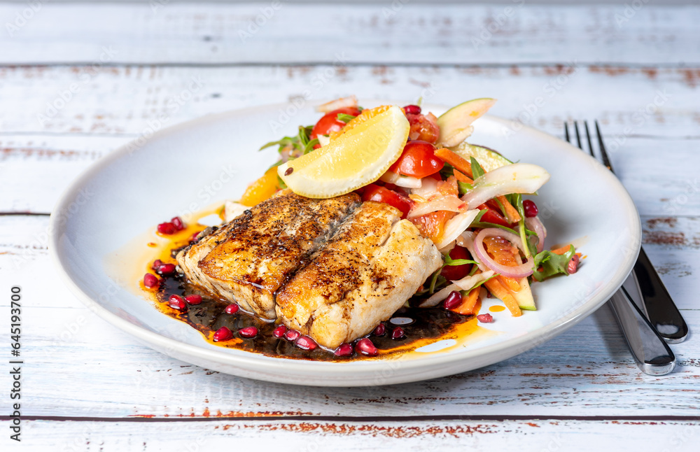 Grilled Barramundi with a side of salad, served on a white round plate with knife and fork. Grilled Barramundi with a side of salad, served on a white round plate with knife and fork.