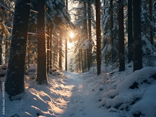 beautiful view of forest in winter with light between trees © Jagad